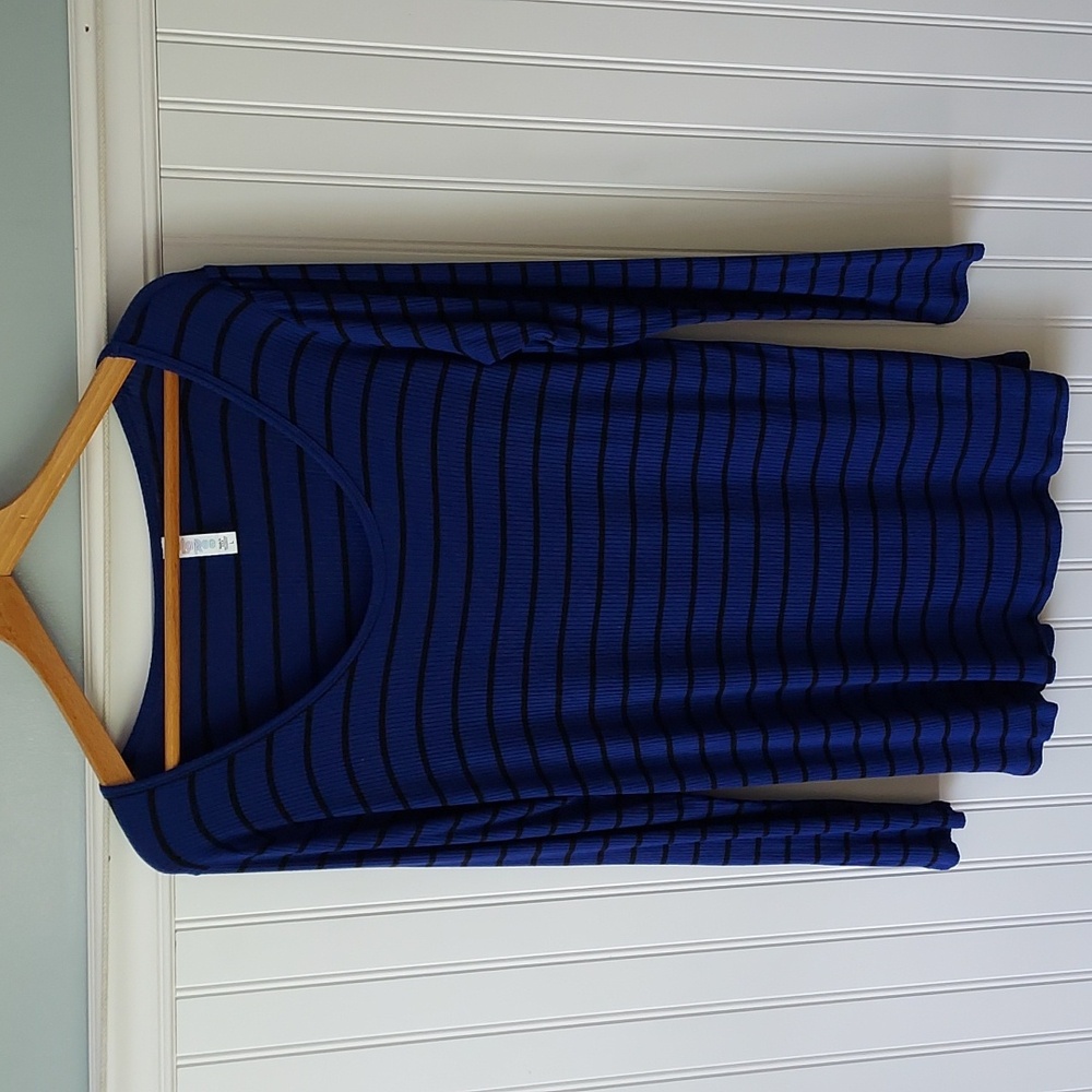 LuLaRoe Large Striped Scoop Neck Long Sleeve Tunic Top Blue Black‎